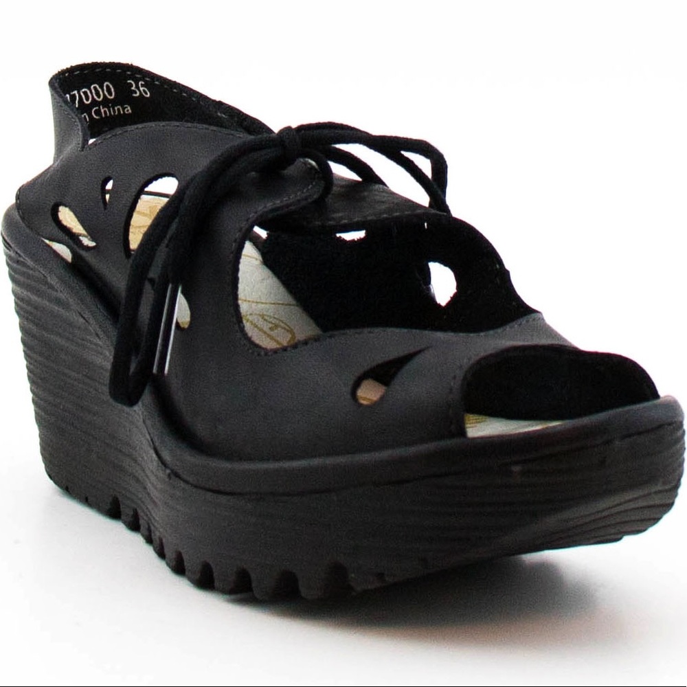 Fly London Black Cut-Out Wedge Sandals